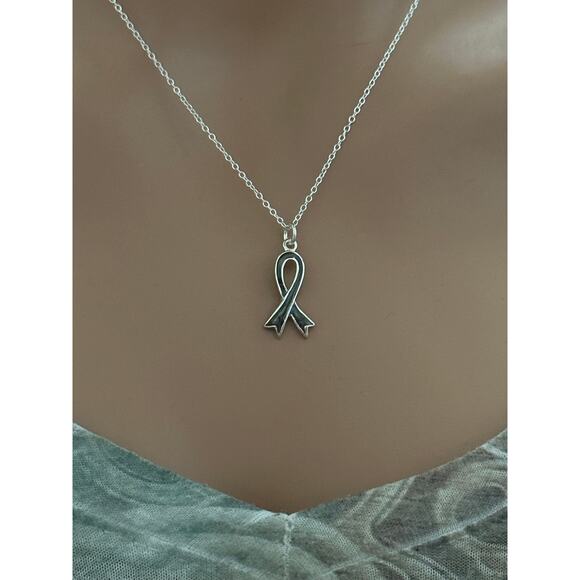 Sterling Silver Grey Awareness Ribbon Necklace - Picture 2 of 7